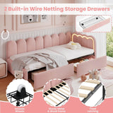 3ft Single Velvet Daybed - RGB LED Lights, 2 Storage Drawers, Scalloped Backrest, Pink