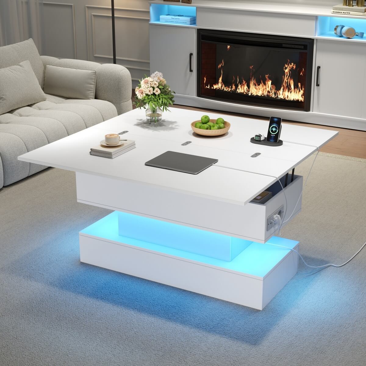 Lift Top LED Coffee Table - Height Adjustable Table with Power Outlet, USB C Charging and Storage