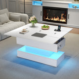 Lift Top LED Coffee Table - Height Adjustable Table with Power Outlet, USB C Charging and Storage