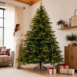 Realistic Full Green Artificial Christmas Tree - PVC & PE Mixed-Foliage Xmas Tree with Pre-Lit Warm White LED Lights, Easy Setup, 6ft/7ft/8ft