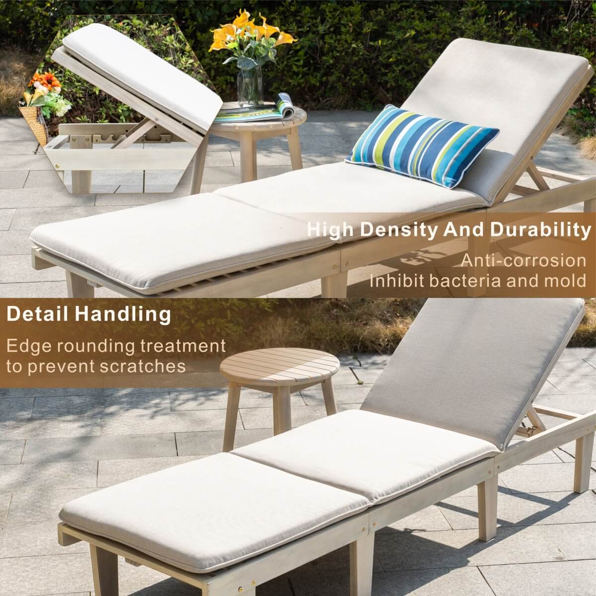Wooden Garden Sun Lounger Set - Adjustable Backrest with Side Table