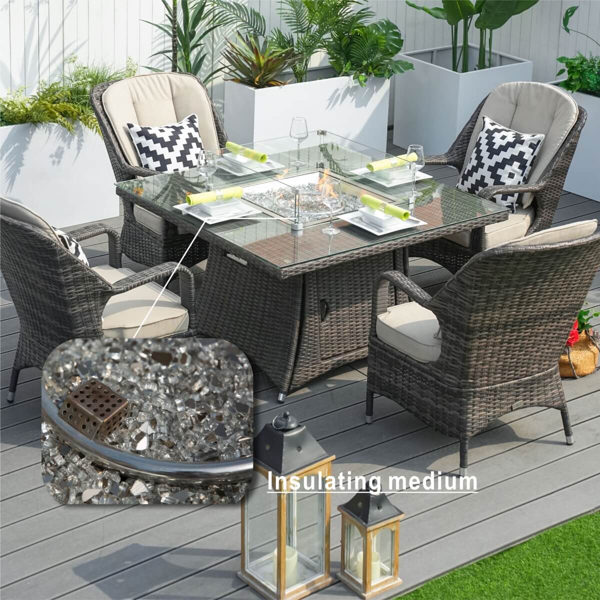 4-Seater Rattan Fire Pit Table Set - Square Gas Fire Pit Table with Wind Guard & Tempered Glass, Brown