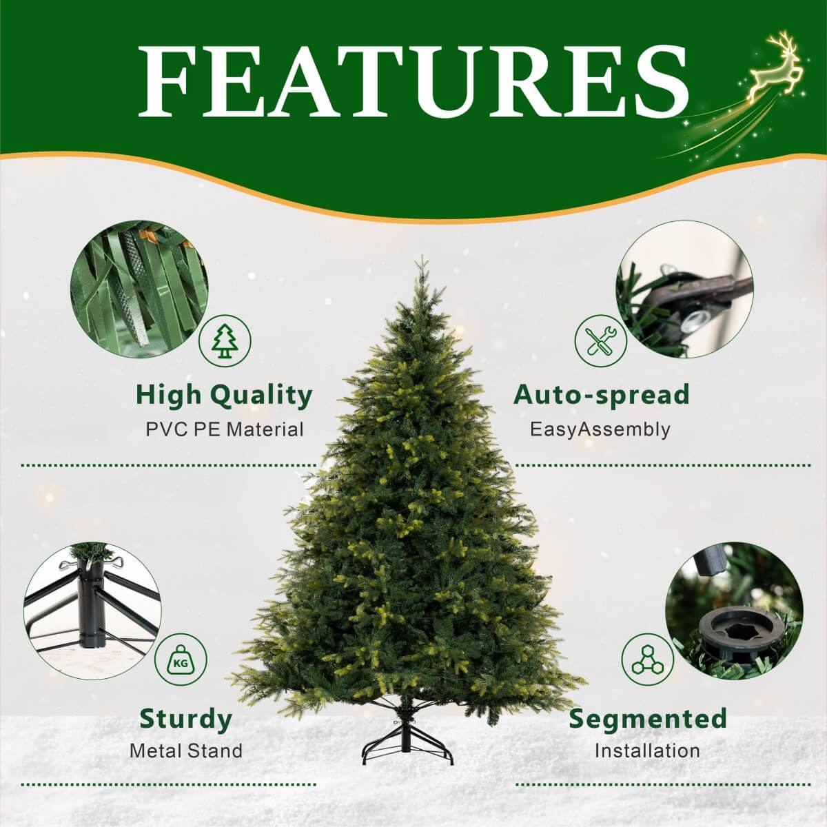 Realistic Full Green Artificial Christmas Tree - PVC & PE Mixed-Foliage Xmas Tree for Easy Setup, 6ft/7ft/8ft