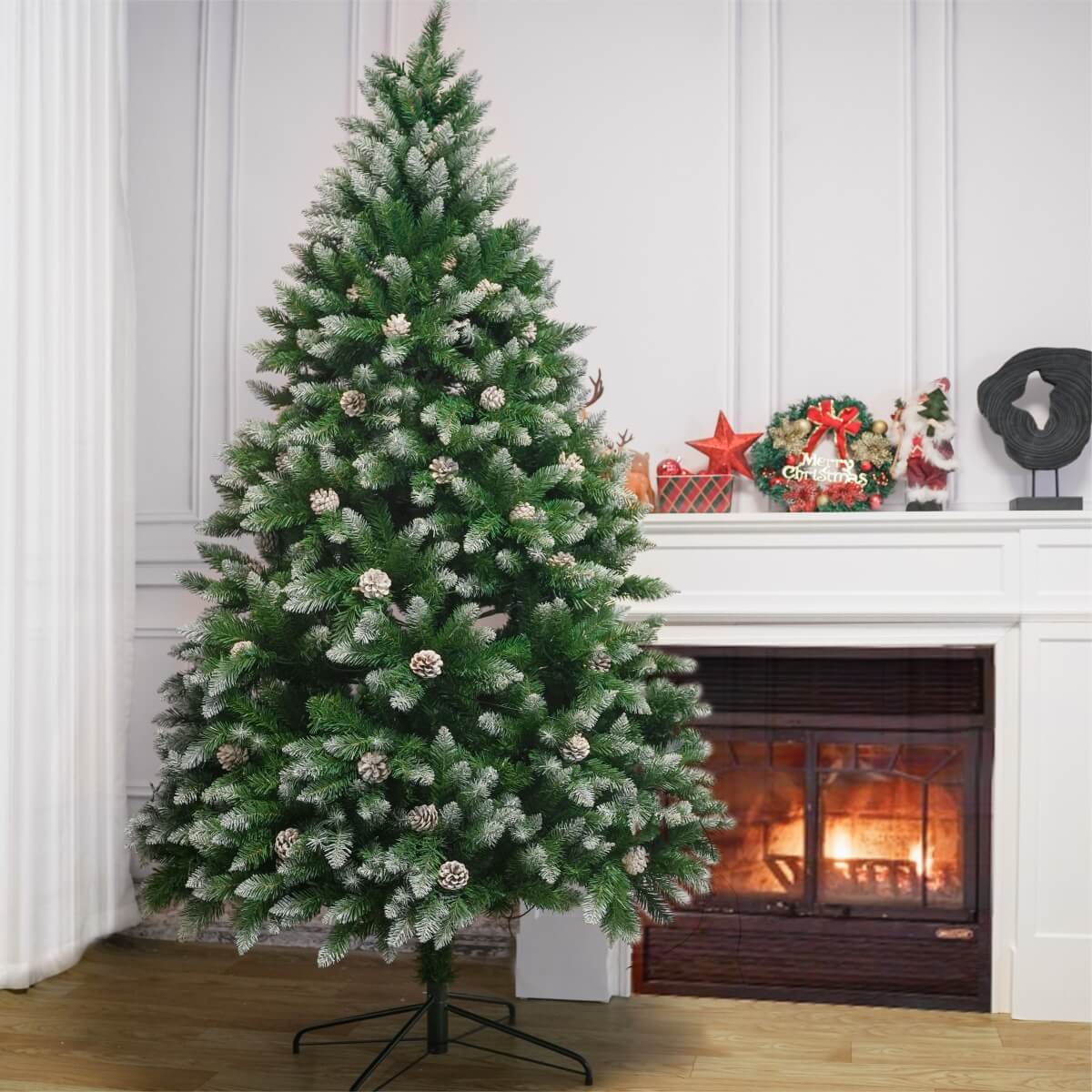 Snow Flocked Artificial Christmas Tree with Pine Cones - Pre-Lit or Unlit PVC Xmas Tree, Warm White LEDs, 5ft 6ft 7ft