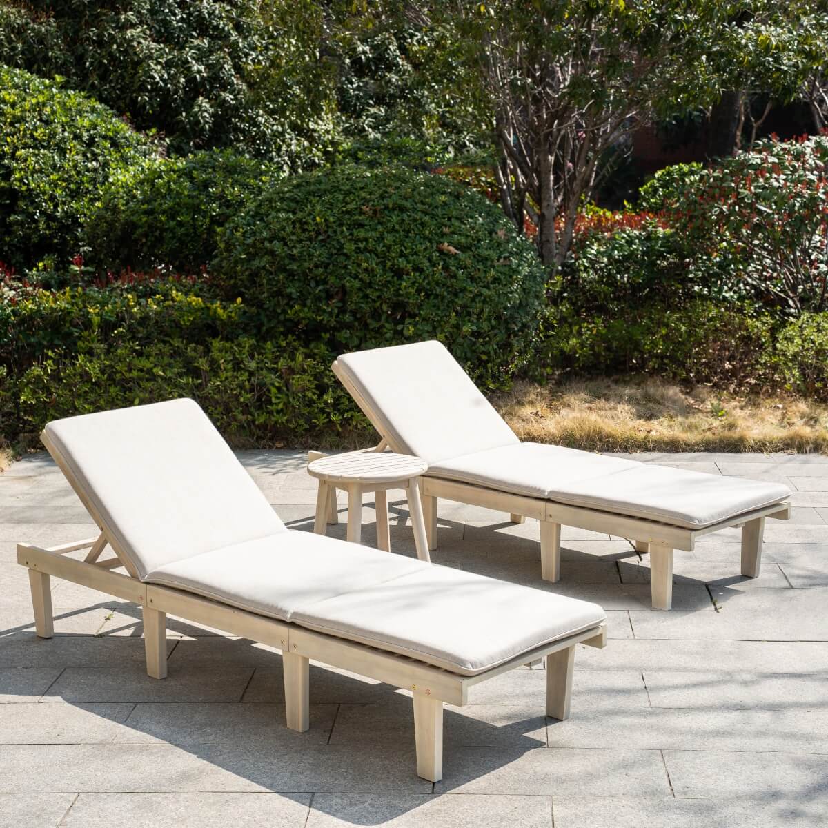 Outdoor Solid Wood Sun Lounger Set - 2 Adjustable Backrest Loungers with Round Side Table