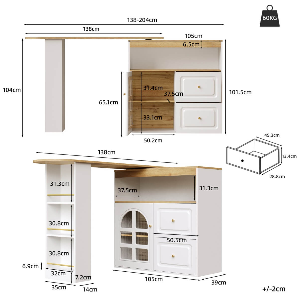 Rotating Sideboard Cabinet - 2 Drawers with Open Storage & Curved Glass Shelves