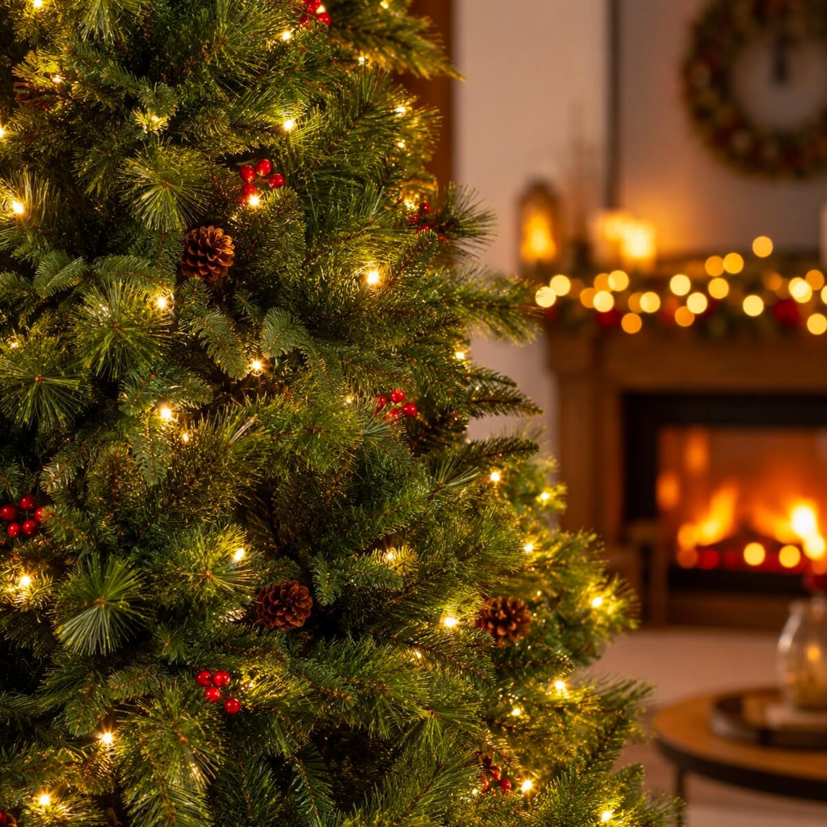 Realistic Full Green Artificial Christmas Tree with Pine Cones & Red Berries - Pre-Lit Warm White LED Lights, PVC Xmas Tree, 6.5ft/7.5ft/8.5ft