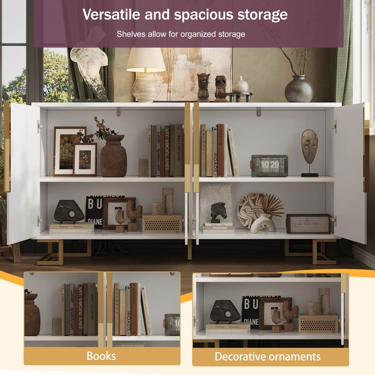 White Sideboard with Geometric Design - Modern Storage Cabinet with Gold Handles and Gold Legs
