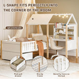 Kids House Bed with Safety Guard Rail - Solid Wood Bed Frame with L-Shaped Desk, Bookcase & Rolling Storage Drawers, White