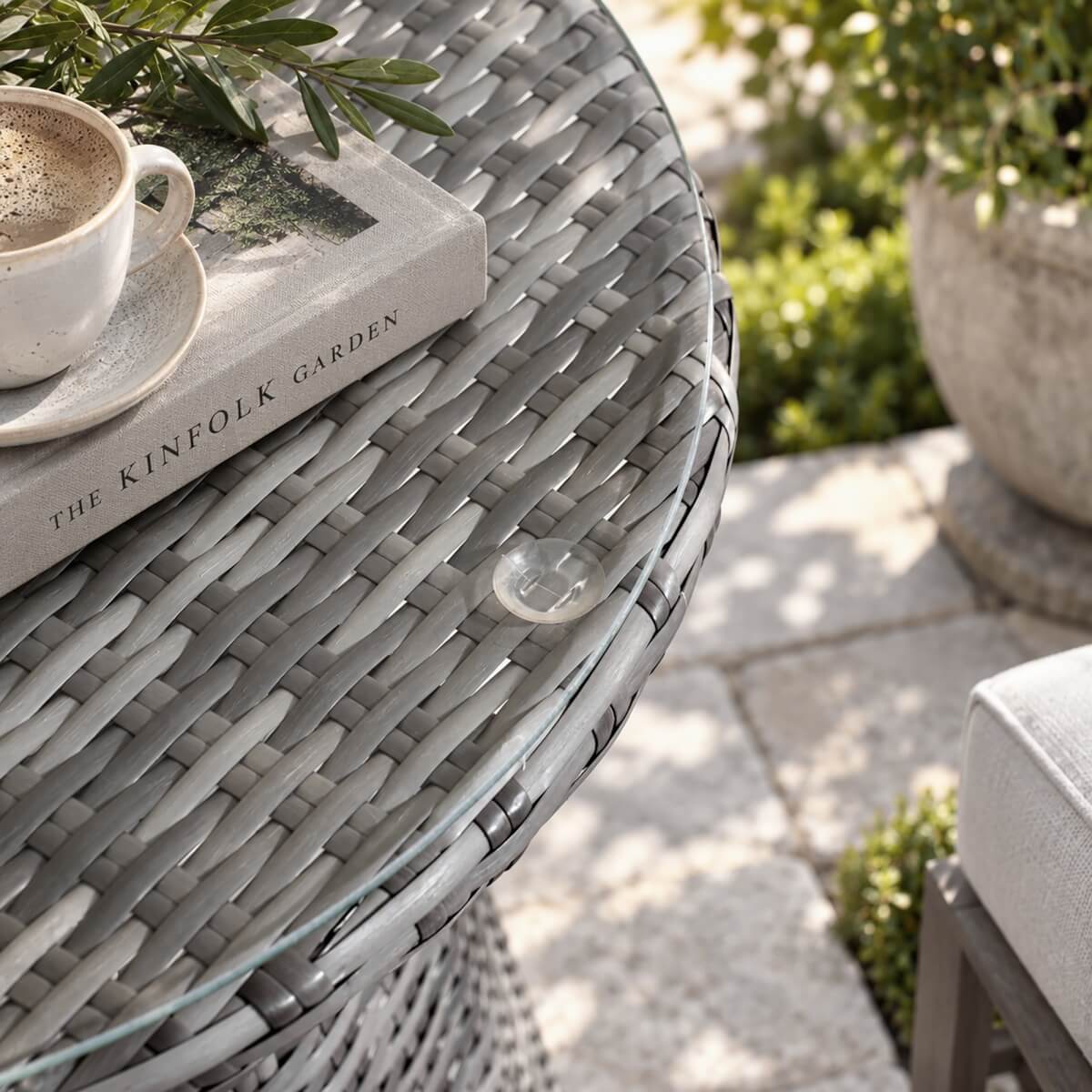 Round Grey Rattan Outdoor Coffee Table - Aluminium Frame Garden Patio Side Table