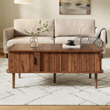 Retro Lift Top Coffee Table with Sliding Door - Walnut Effect Finish, Vertical Slat Design and Wooden Legs, Walnut