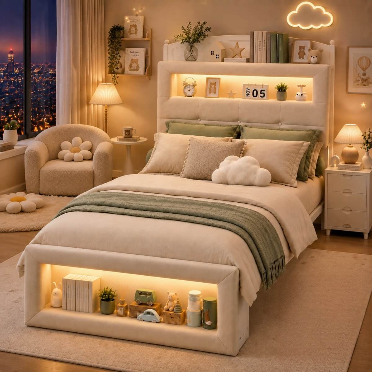 3ft Single Upholstered Storage Bed with LED Lights - Storage Headboard and Footboard, Velvet, Cream White