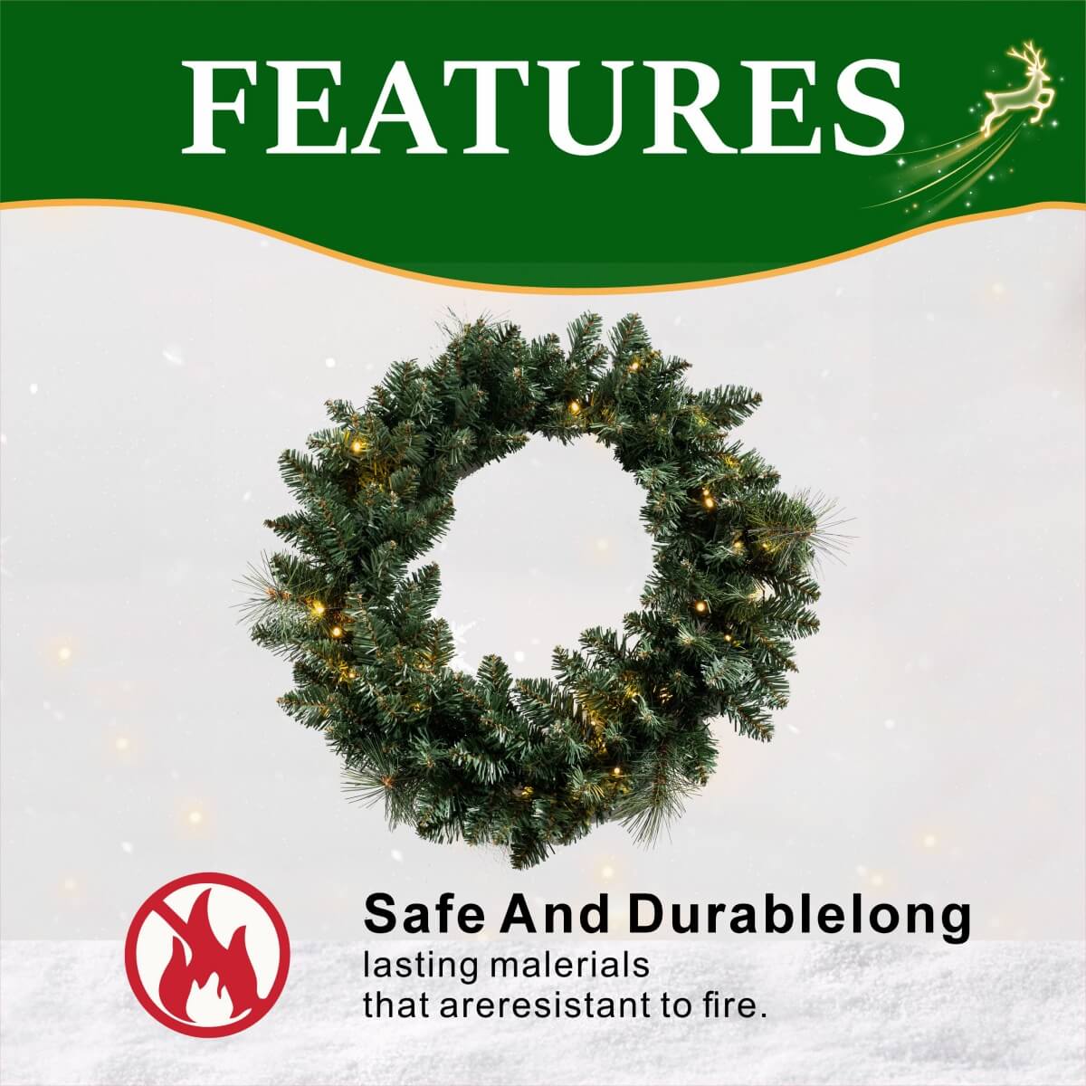 Artificial Christmas Wreath - Realistic PVC Foliage Wreath with Pre-Lit LED Lights for Festive Home & Door Decoration