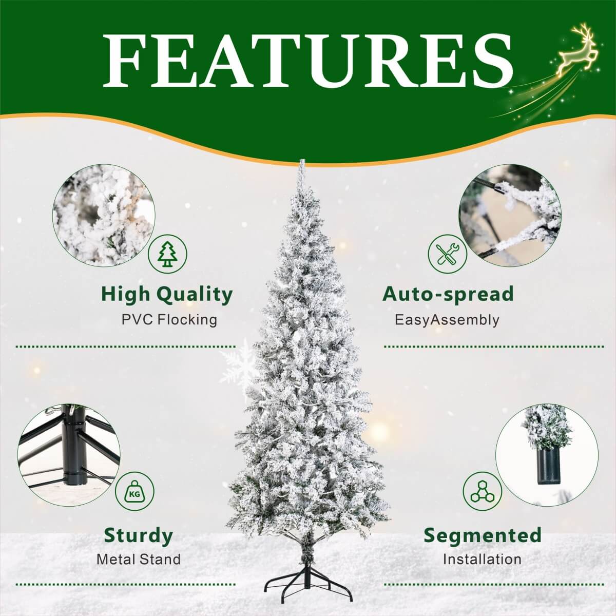 Snow-Flocked Green Artificial Christmas Tree - Realistic Full PVC Xmas Tree with Faux Snow Effect for Indoor Christmas Decoration, 5ft/6ft/7ft