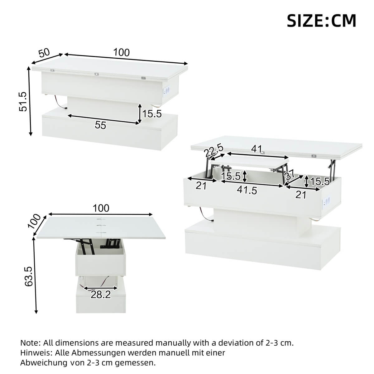 Lift Top LED Coffee Table - Height Adjustable Table with Power Outlet, USB C Charging and Storage