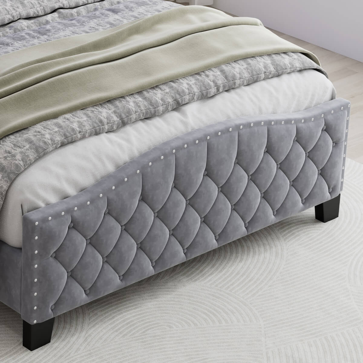 4ft6 Velvet Upholstered Storage Bed with LED Light Strip - Double Bed with Slatted Base, Grey