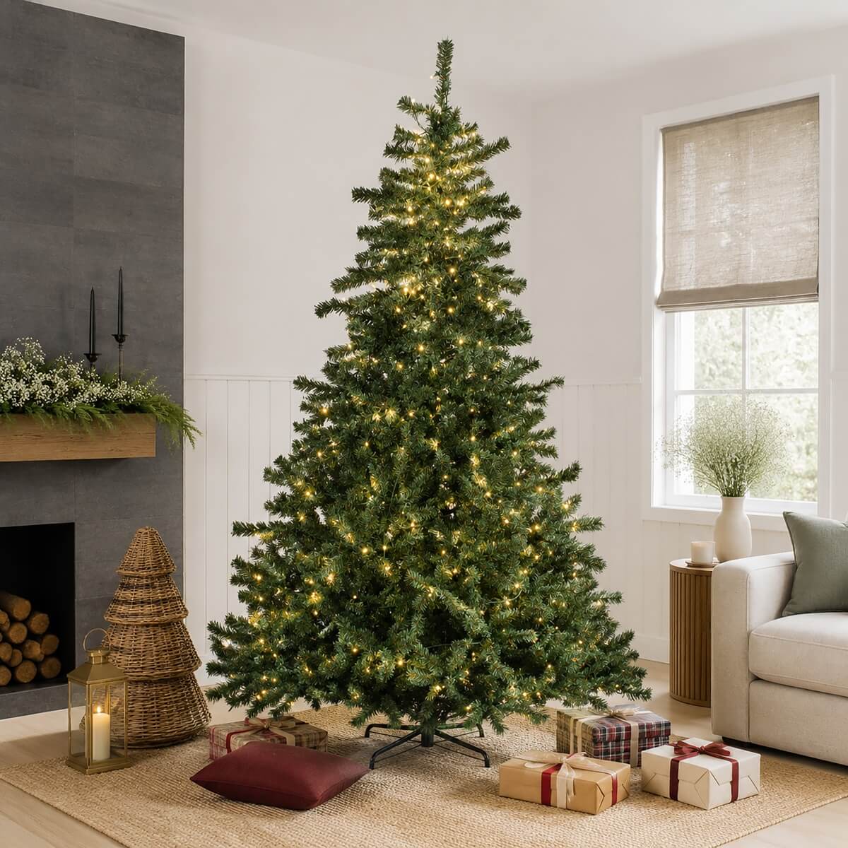 Realistic Full Green Artificial Christmas Tree - PVC Xmas Tree with Pre-Lit Warm White LED Lights, Easy Setup & Indoor Festive Decoration, 6ft/7ft/8ft