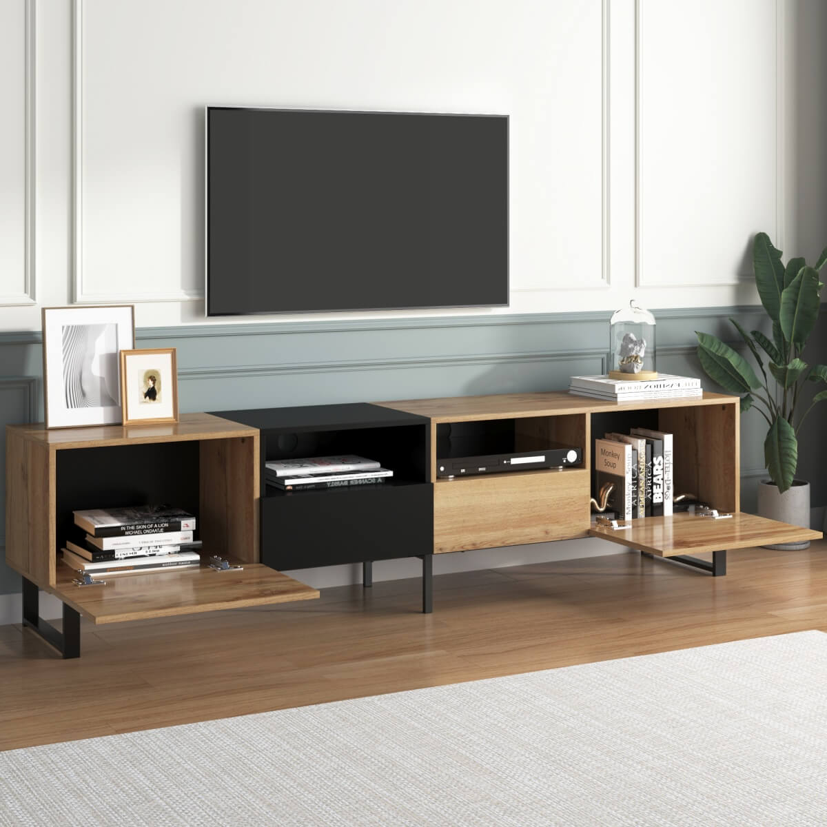 190cm Modern TV Stand - Black & Wood Media Console with Storage Cabinets and Drawers