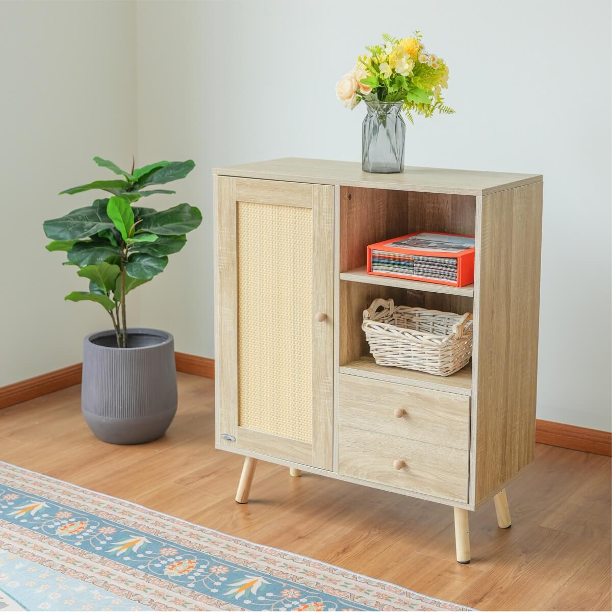 Solid Wood Storage Cupboard with 1 Door & 2 Drawers - Freestanding Cabinet