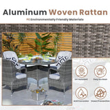 4 Seater Outdoor Rattan Dining Set - Round Garden Table with Tempered Glass Top & Parasol Hole