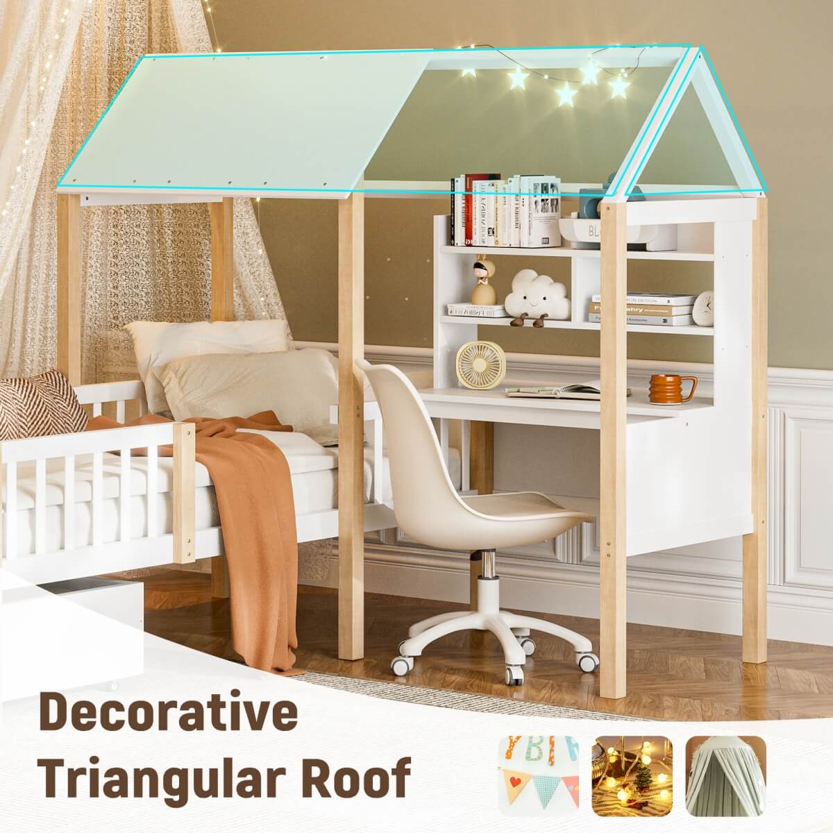 Kids House Bed with Safety Guard Rail - Solid Wood Bed Frame with L-Shaped Desk, Bookcase & Rolling Storage Drawers, White