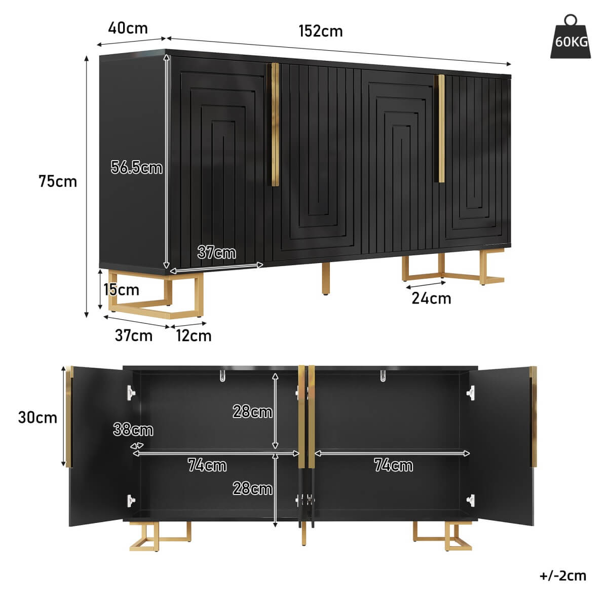 Black Sideboard with Geometric Design - Modern Storage Cabinet with Gold Handles and Gold Legs