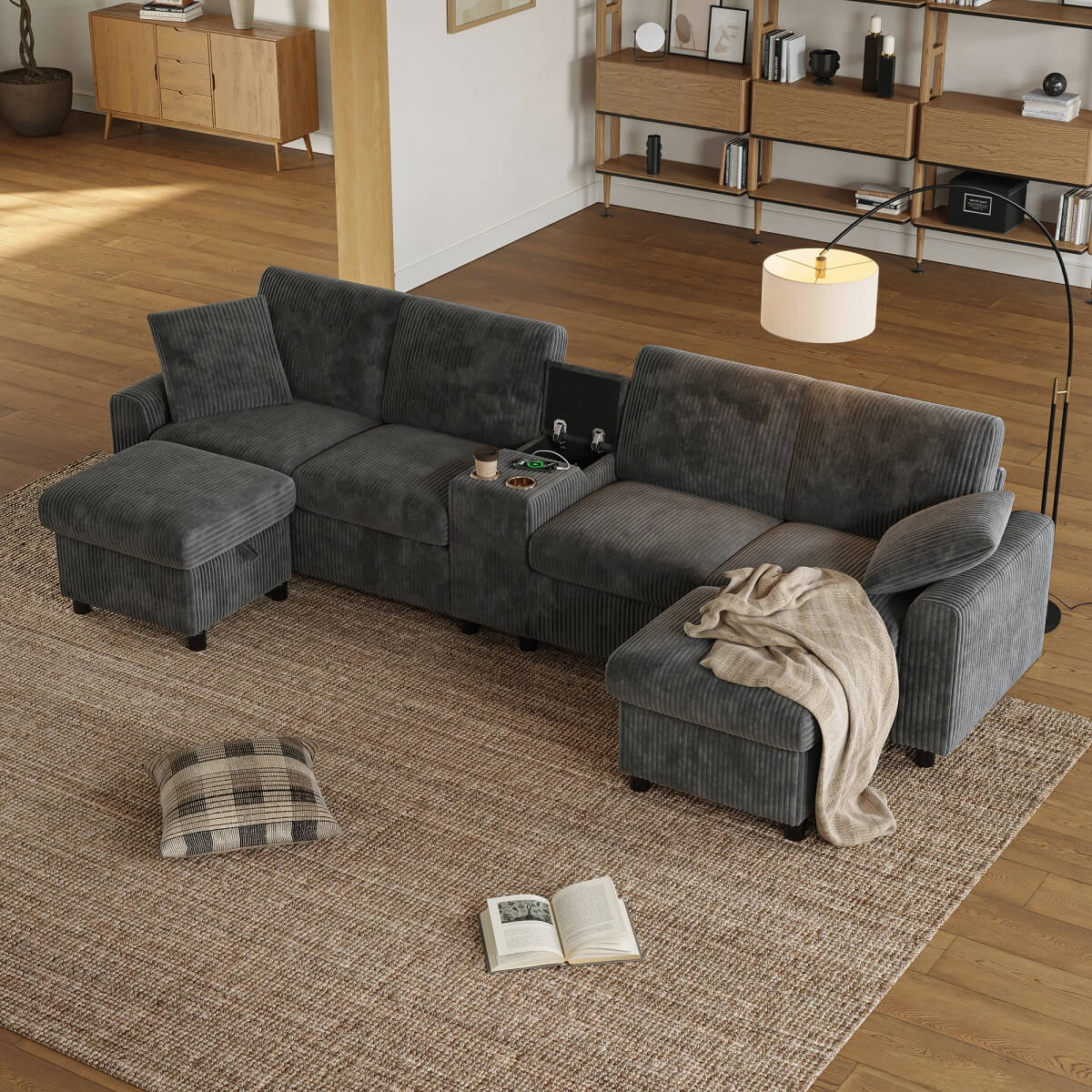 U Shaped Corduroy Sectional Sofa - Modular Sofa with Storage Ottomans, USB & Type-C Charging, Grey