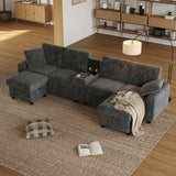 U Shaped Corduroy Sectional Sofa - Modular Sofa with Storage Ottomans, USB & Type-C Charging, Grey