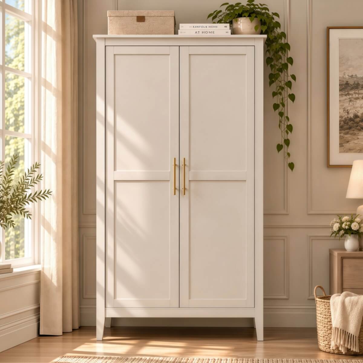 2-Door Freestanding Wardrobe - Hanging Rail, Storage Shelf, Gold Handles and Raised Legs, Cashmere