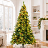 Realistic Full Green Artificial Christmas Tree with Pine Cones & Red Berries - Pre-Lit Warm White LED Lights, PVC Xmas Tree, 6.5ft/7.5ft/8.5ft