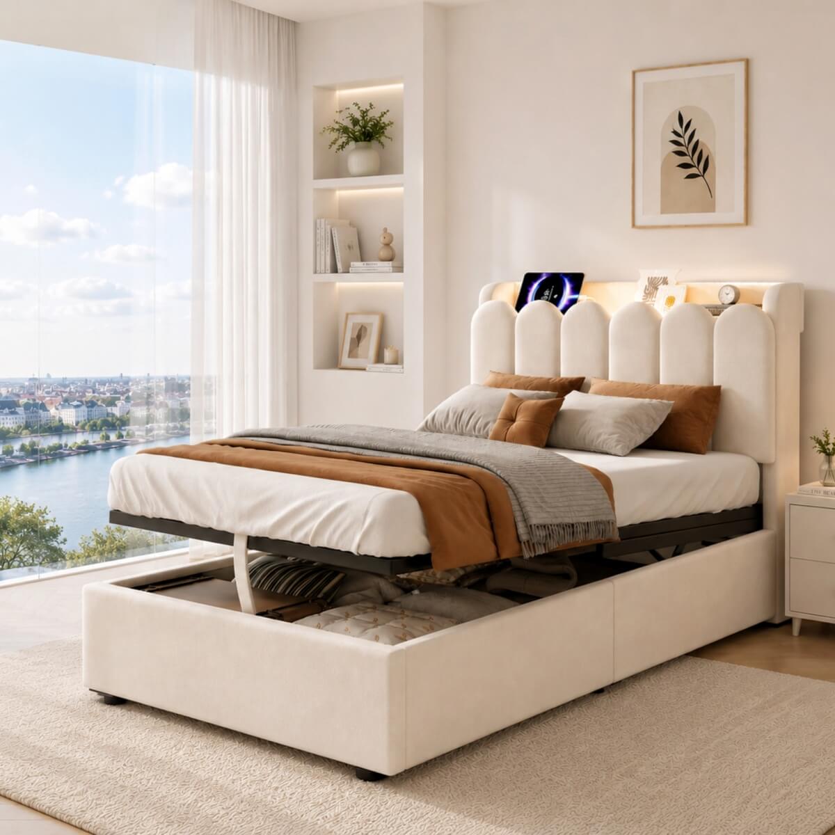 3ft Single Upholstered Ottoman Storage Bed - Velvet Bed Frame with Hydraulic Lift-Up Storage, Storage Headboard, USB & Type-C Charging Ports & Reading Light, Beige