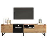 190cm Modern TV Stand - Black & Wood Media Console with Storage Cabinets and Drawers