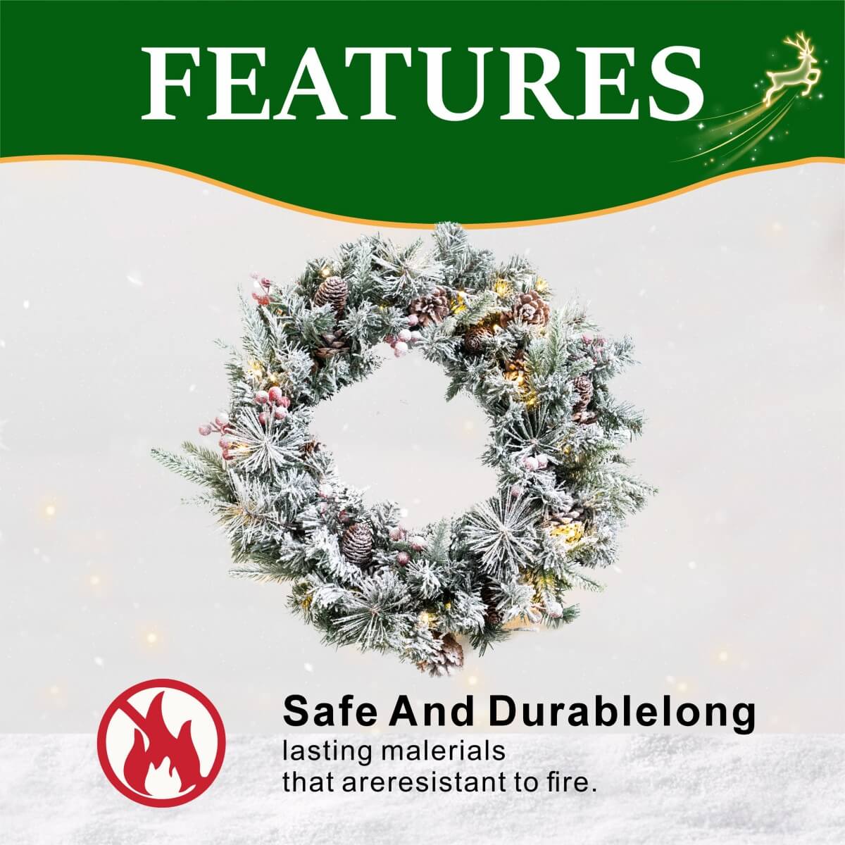 Snow-Flocked Christmas Wreath with Pine Cones & Red Berries - PVC Wreath with Pre-Lit LED Lights