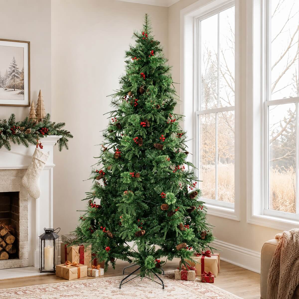 Realistic Full Green Artificial Christmas Tree with Pine Cones & Red Berries - Easy-Setup PVC Xmas Tree, 5ft/6ft/7ft