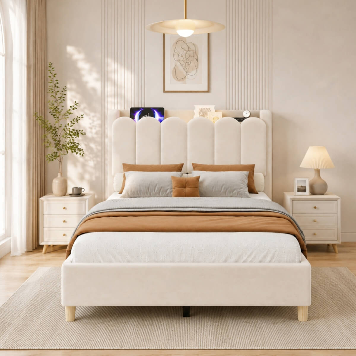 3ft Single Upholstered Storage Bed - Velvet Bed Frame with Storage Headboard, USB & Type-C Charging Ports and Reading Light, Beige