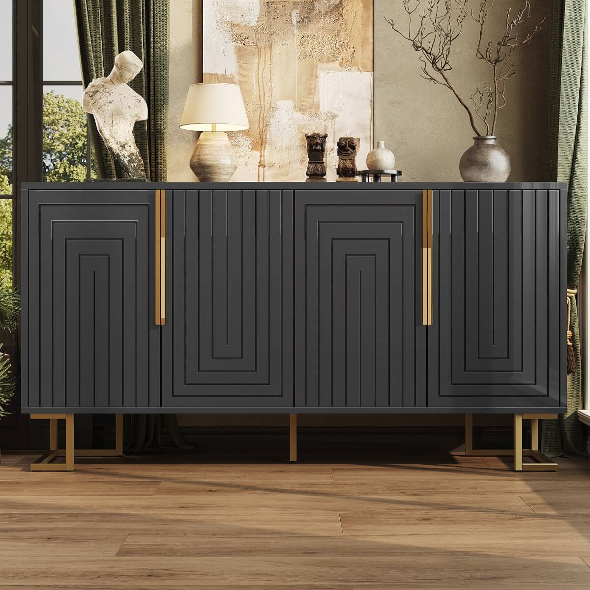 Black Sideboard with Geometric Design - Modern Storage Cabinet with Gold Handles and Gold Legs