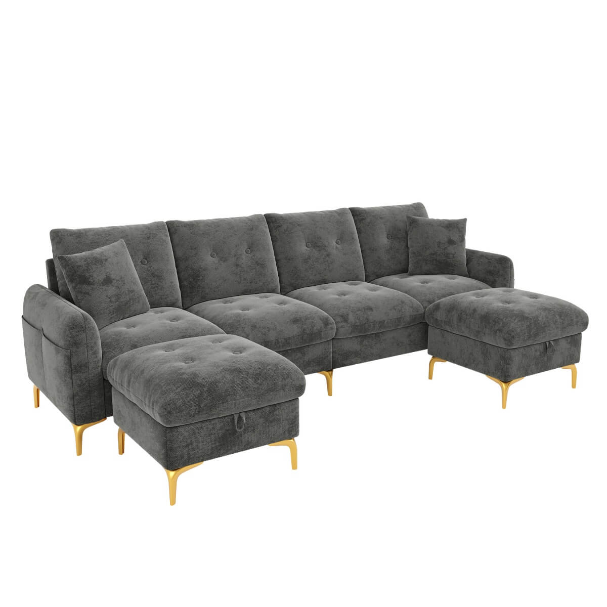 4 Seater U-Shaped Modular Sofa Bed with Storage Ottomans - Sleeper Sofa with 2 Storage Footstools and 2 Decorative Cushions, Grey