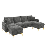 4 Seater U-Shaped Modular Sofa Bed with Storage Ottomans - Sleeper Sofa with 2 Storage Footstools and 2 Decorative Cushions, Grey