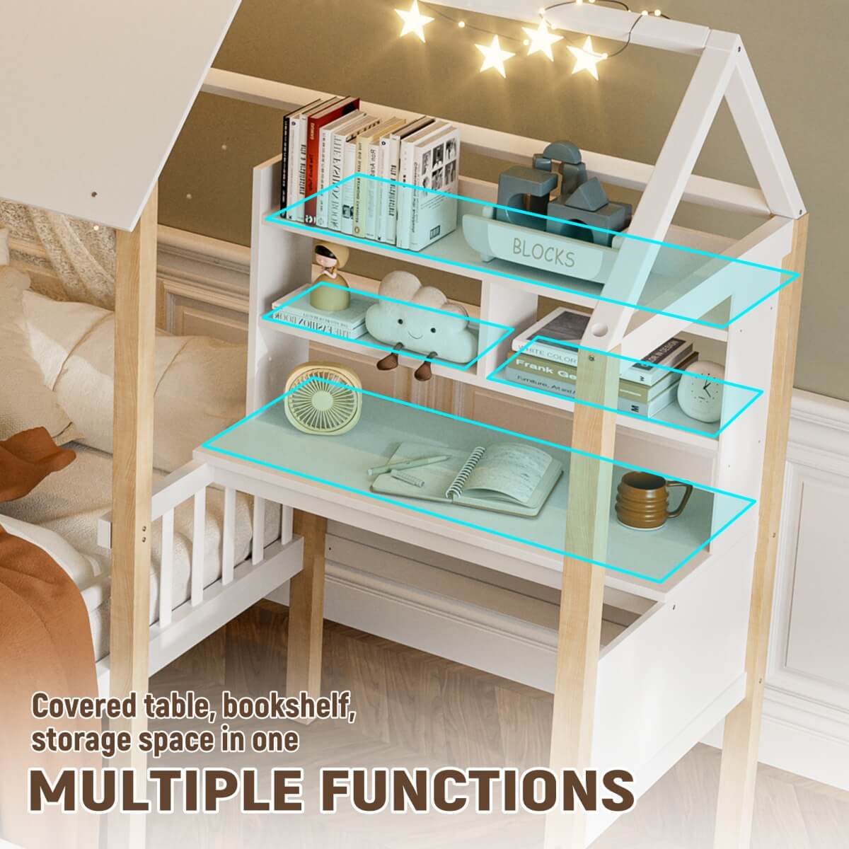 Kids House Bed with Safety Guard Rail - Solid Wood Bed Frame with L-Shaped Desk, Bookcase & Rolling Storage Drawers, White