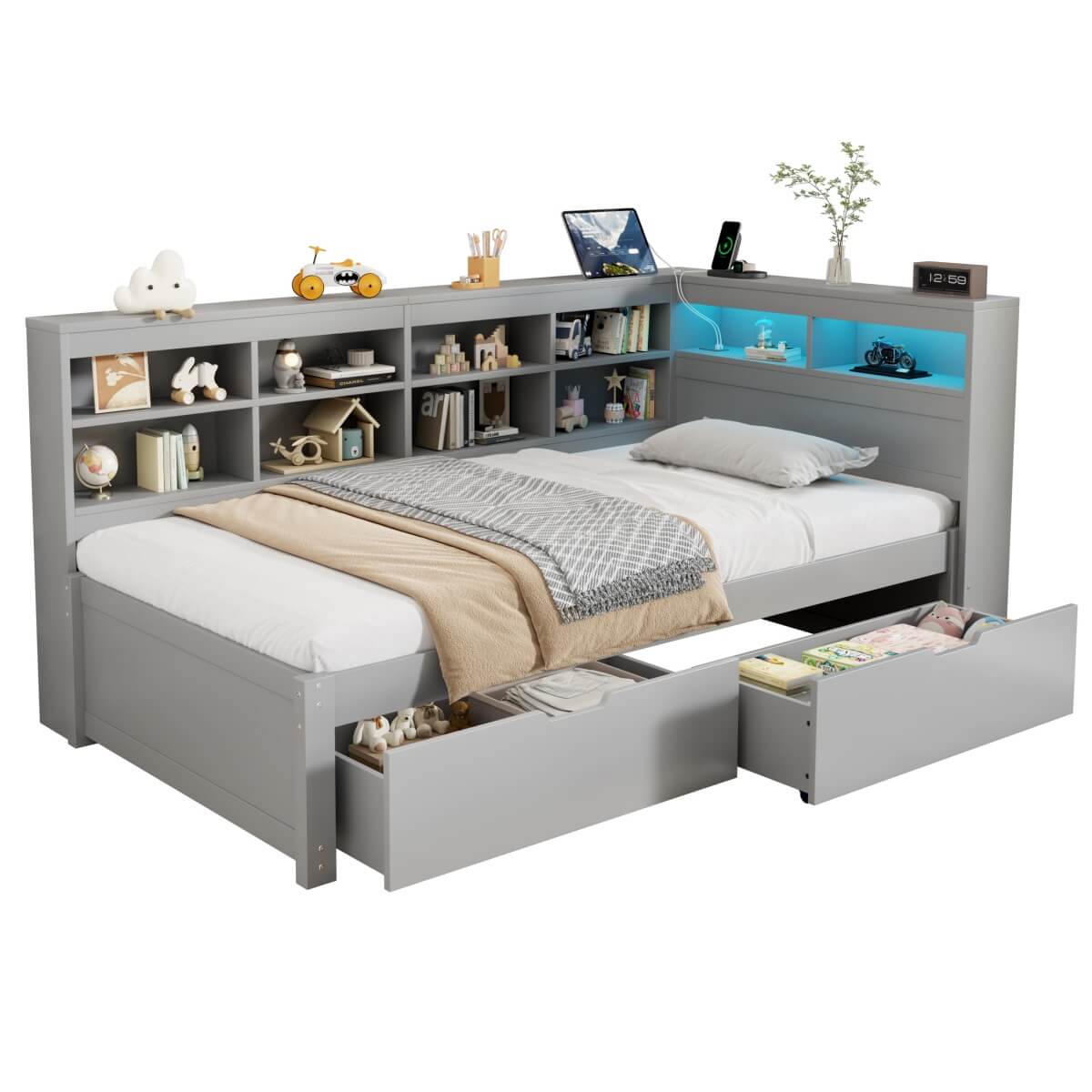 3ft Single Daybed with Storage Drawers - LED Bed Frame with Charging Station, Grey