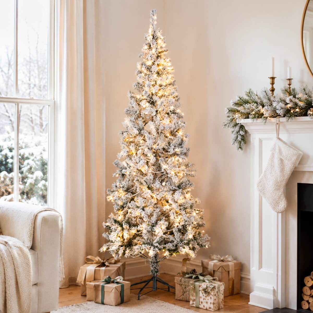 Snow-Flocked Green Artificial Christmas Tree - Realistic Full PVC Xmas Tree with Pre-Lit Warm White LED Lights & Faux Snow Effect, 5ft/6ft/7ft