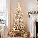 Snow-Flocked Green Artificial Christmas Tree - Realistic Full PVC Xmas Tree with Pre-Lit Warm White LED Lights & Faux Snow Effect, 5ft/6ft/7ft