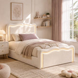 3ft Single Velvet Ottoman Storage Bed - Upholstered Hydraulic Bed with LED Lights, Wave Headboard and Metal Slatted Base, Cream White