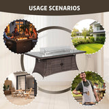 6 Seater Rattan Fire Pit Dining Table - Rectangular Outdoor Table with Glass Top
