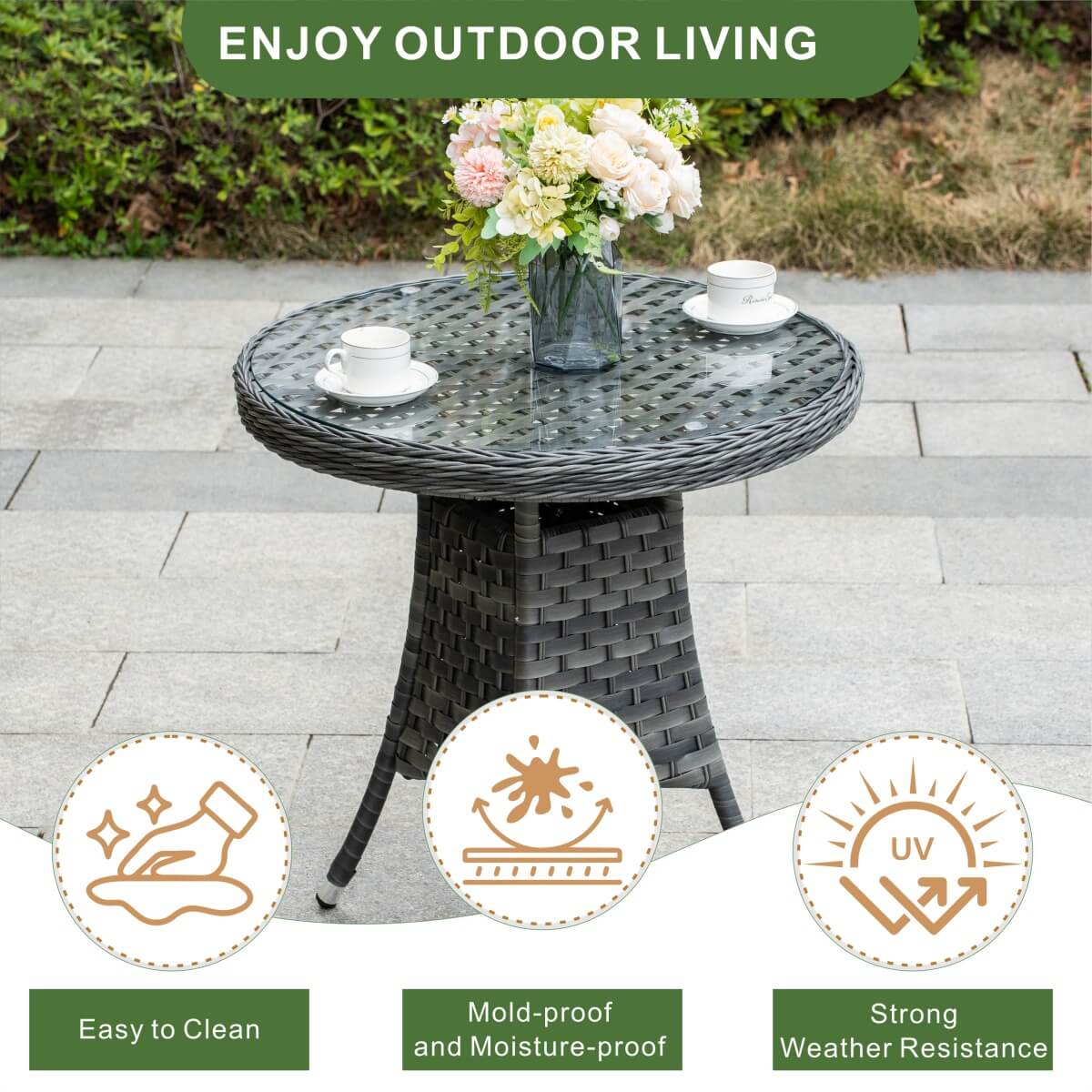 Outdoor Rattan Dining Table - Round Garden Table, Aluminium Frame