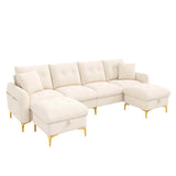 4 Seater U-Shaped Modular Sofa Bed with Storage Ottomans - Sleeper Sofa with 2 Storage Footstools and 2 Decorative Cushions, Beige
