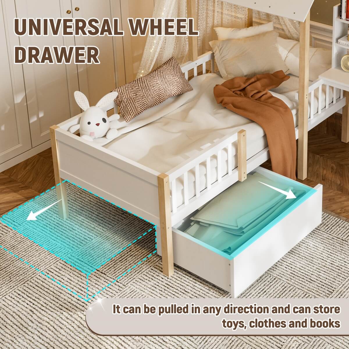 Kids House Bed with Safety Guard Rail - Solid Wood Bed Frame with L-Shaped Desk, Bookcase & Rolling Storage Drawers, White