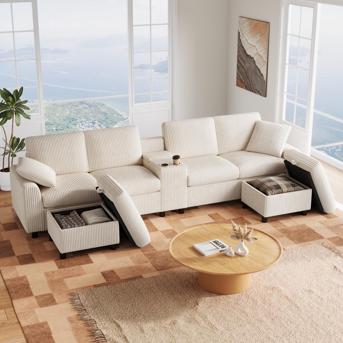 U Shaped Corduroy Sectional Sofa - Modular Sofa with Storage Ottomans, USB & Type-C Charging, Beige