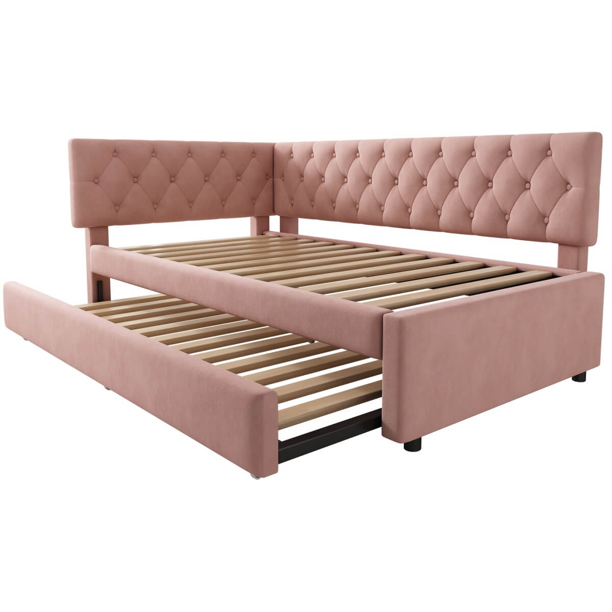 Upholstered Daybed with Pull-Out Bed - 3FT Single Sofa Bed 90x190cm, Trundle Guest Bed with Slatted Frame, Velvet