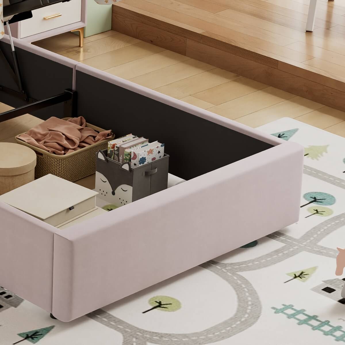 3ft Single Upholstered Storage Bed - Velvet Hydraulic Bed Frame with Lift-Up Storage, Kids Bed, Pink